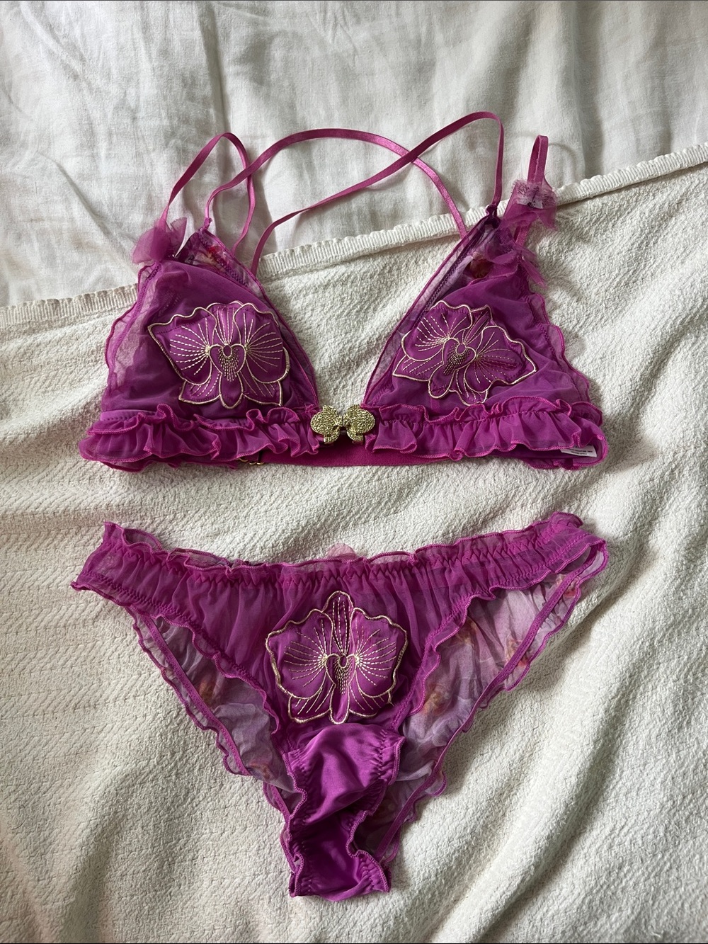 Empress Mimi Orchid Sheer Floral Embroidered Bralette & Bikini Set - Magenta